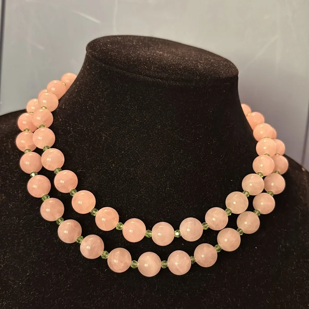 Vintage pink quartz and green crystal beaded choker statement necklace 16” - Picture 6 of 6